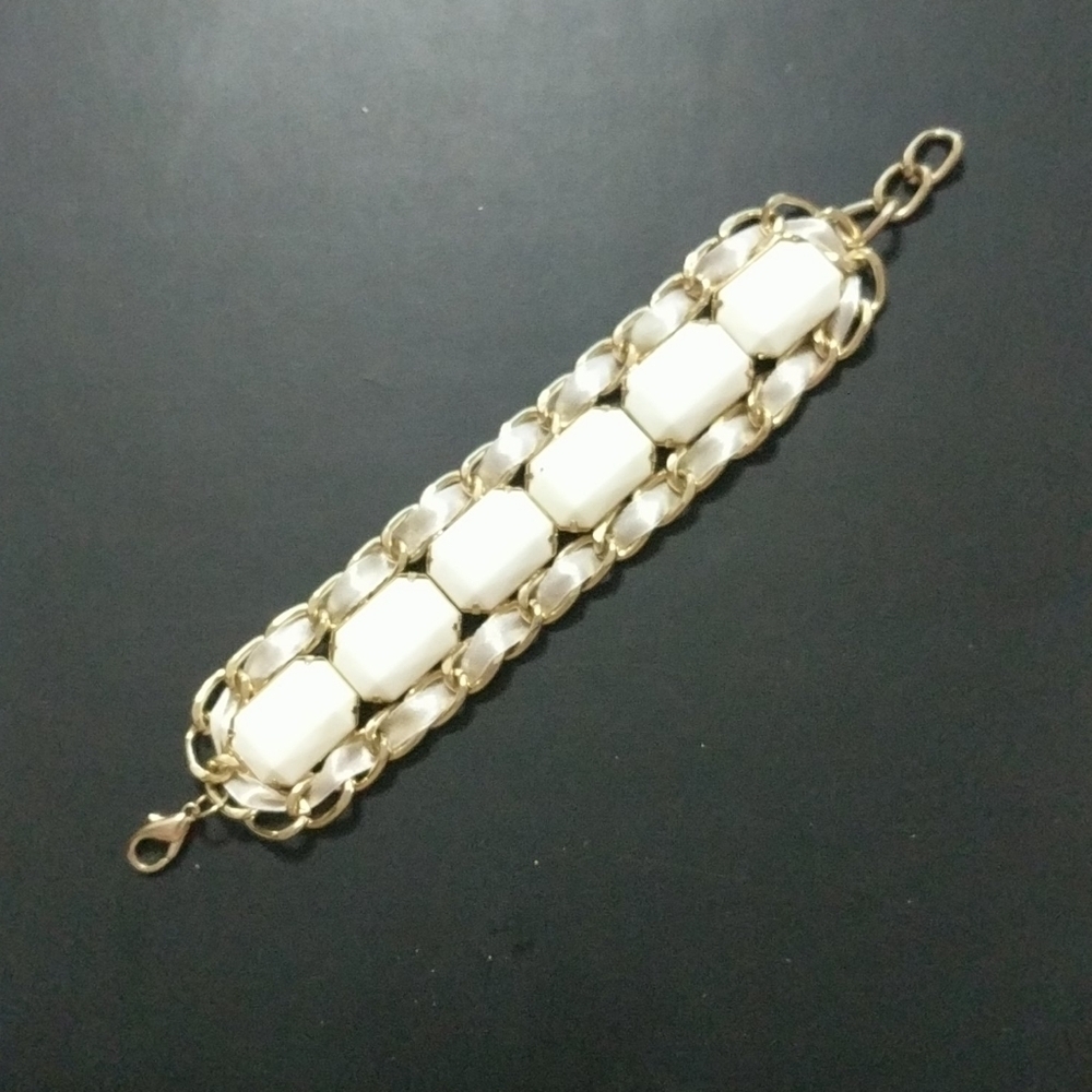 Gold Tone Chunky White Ribbon Rhinestone Statement Bracelet